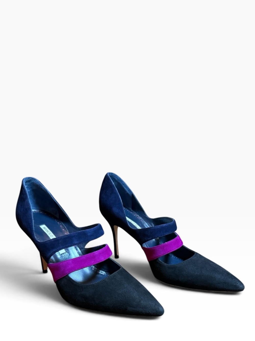 Manolo Blahnik Marule Suede Strappy Pumps Tri-Color Blue Purple EU 39.5 US 9.5
